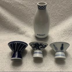 4 Piece Vintage Japanese Blue and White  Sake Set (Ozeki )