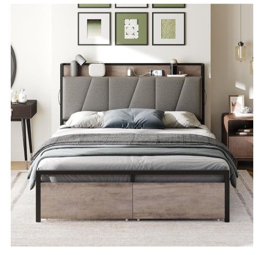 HOOBRO Full Size Bed Frame with 2 Storage Drawers, Upholstered Headboard with Charging Station and Hidden Storage, Full Bed Frame