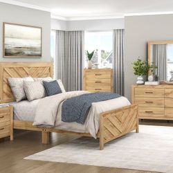 King Queen size 4PC Bedroom set Light Brown color Bed frame Dresser Mirror Night stand