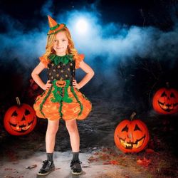 Girl's Pumpkin Witch Girl's Orange Green and Black Dress Costume with Mini Hat, New
