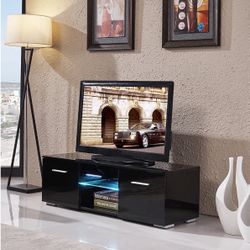Uenjoy High Gloss TV Stand Unit Cabinet w/LED Shelves 2 Drawers Console Furniture Black