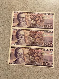 3 Consecutive Serial Mexico 100 Pesos Banknotes 1982