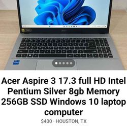 Acer Aspire 3 17.3 full HD Intel Pentium Silver 8gb Memory 256GB SSD Windows 10 laptop computer
