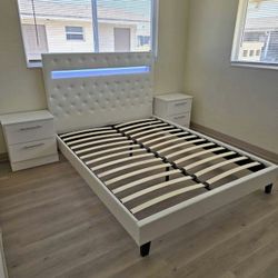 White Queen Bed With LED Lights 