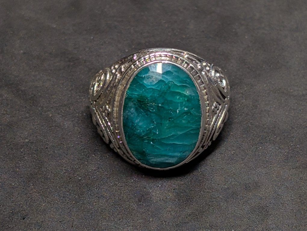 Sterling Silver And Green Beryl Men's Ring Size 11