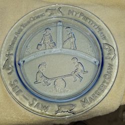 Antique Indiana Depression Glass "See-Saw" Divided Plate, Made in the USA in the 1930s. It is also known as a Tiara Blue Glass Nursery Rhyme Plate P8R