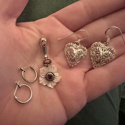 Sterling silver jewelry lot, Filigree Dangle Heart & Small Hoop Earrings Pink Mother Of Pearl w/ Garnet Pendant