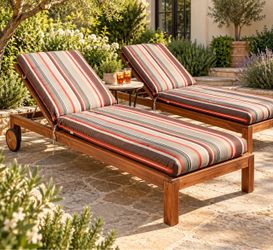 Refurbished Solid Redwood Patio Loungers with Sunbrella Cushions - Pair