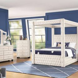 White Canopy Bed Bedroom Set Furniture King Queen Bed Dresser Mirror Nightstand 