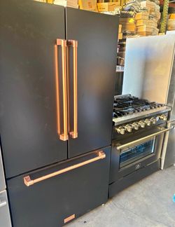Thor Kitchen Refrigerator and Forno Gas Range Set - Matte Black with Copper Handles