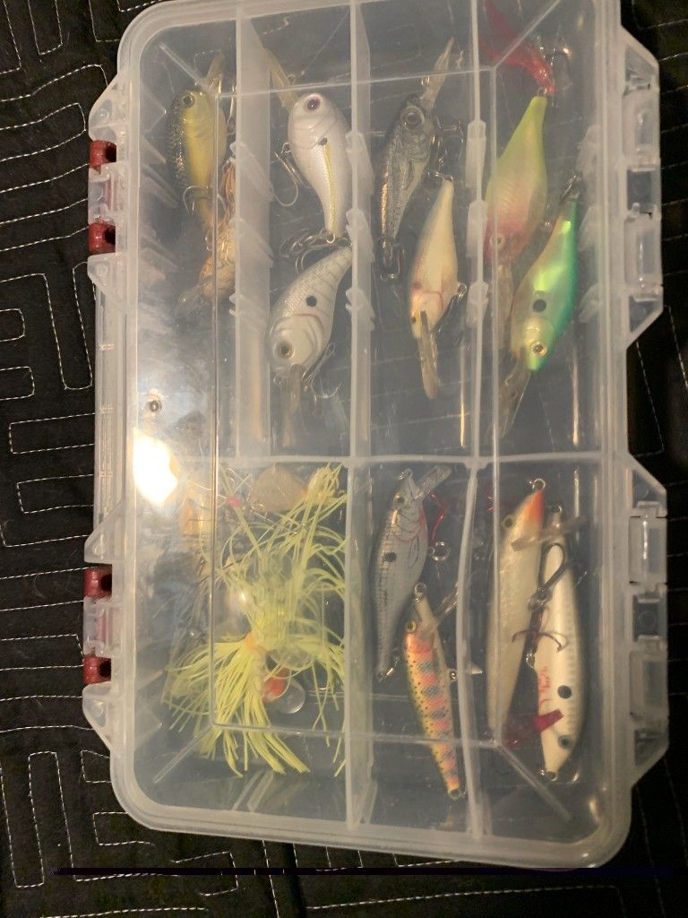 Fishing Leurs + BOX Of 12 Divers, Spinners  Mostly All Brand New