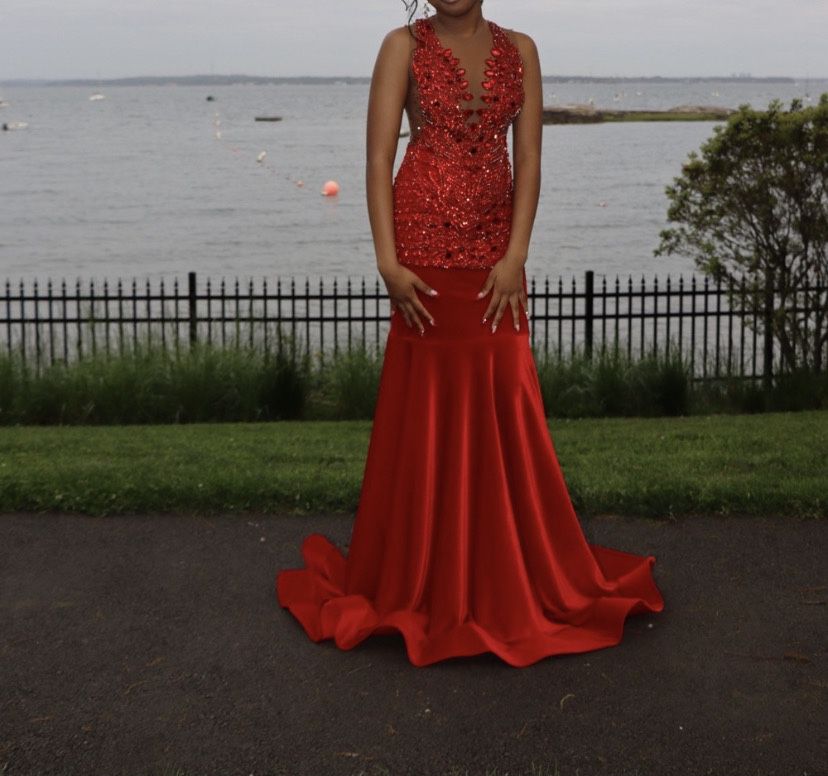 Elegant long red Velvet and mesh diamond prom dress size medium custom made