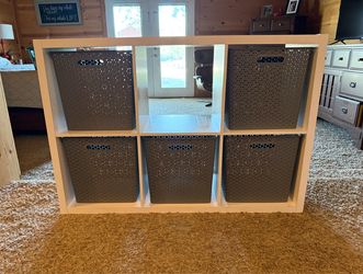 Storage Cubby Cabinet with Gray Plastic Baskets