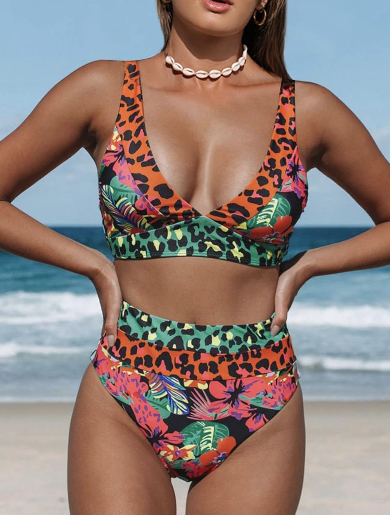 Size Small Hilinker Women's Leopard Bikini Swimsuits V Neck High Waisted 2 Piece Bathing Suits