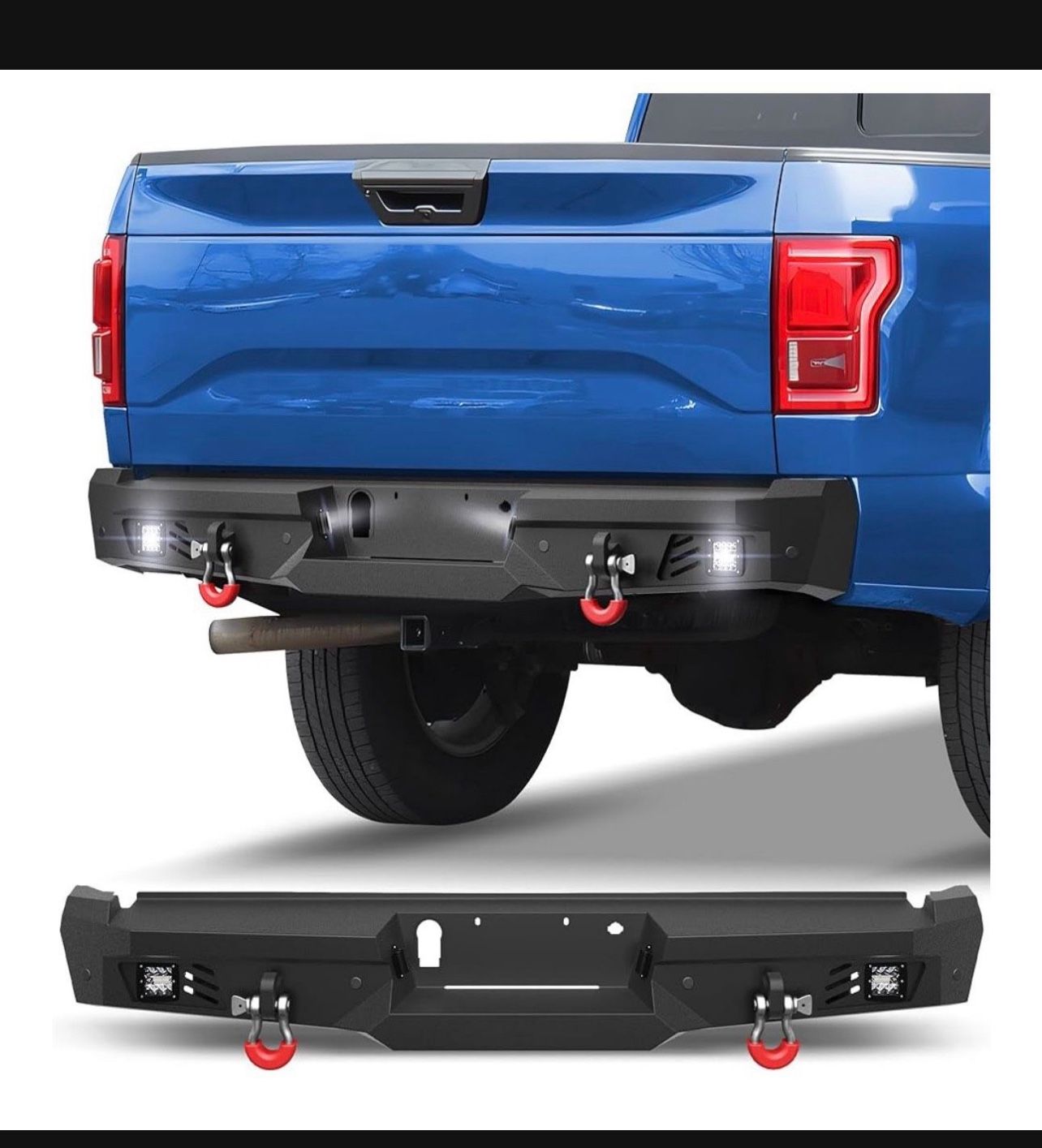 New in the box 15-25 F150 Rear Bumper Full Width Offroad Bumper w/Step Plate, 2x18W Lights, D-rings, License Plate Lights for 2015-2025 Ford F150 Pick