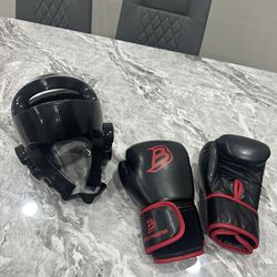 Kids head gear and boxing gloves