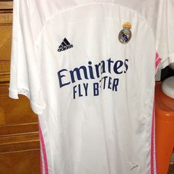 “Emirates Fly Better” Pink And White Real Madrid F.C. Soccer Adidas Jersey Sz XL