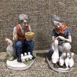 Vintage Old Man Lady Porcelain Ceramic Bisque Figurines Ducks Chicken Denim Set