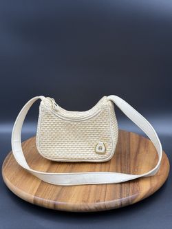 Etienne Aigner mini Woven Straw Purse Shoulder Bag Cream Leather Trim vintagey2k