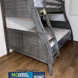 Twin/Full Antique Gray Hoover Collection Bunk bed w. Orthopedic Mattresses Included 