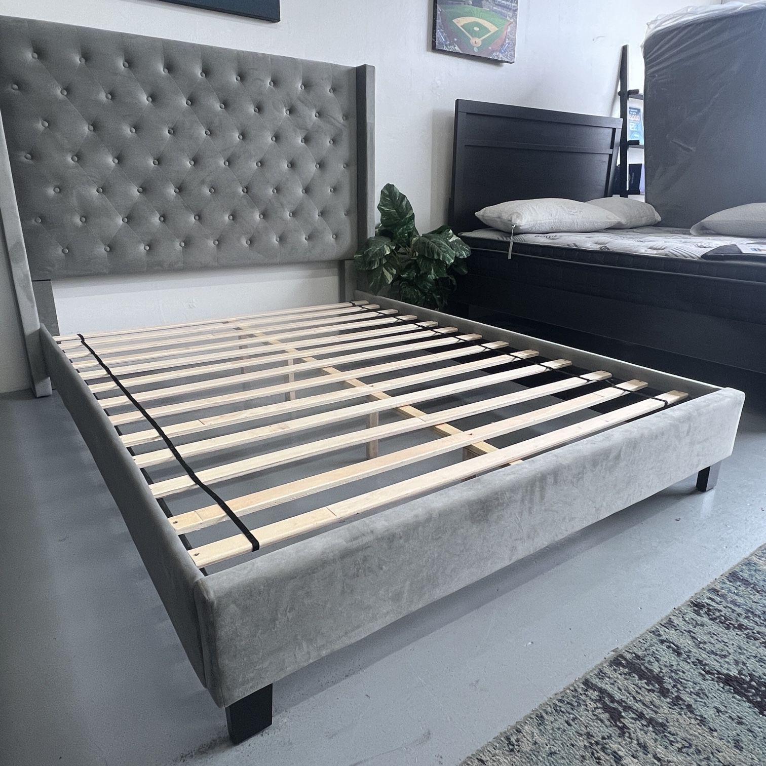 Retro Velvet Designer Bed Brand New Platform Bed frame Grey or Grey Black Cal or King $388 Queen $288