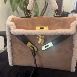 Shearling Black Leather Cross Body Purse
