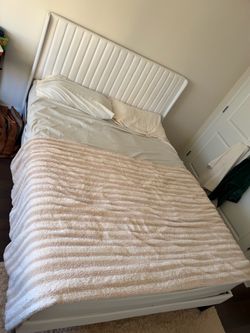 White Upholstered Bed Frame with Headboard and mattress