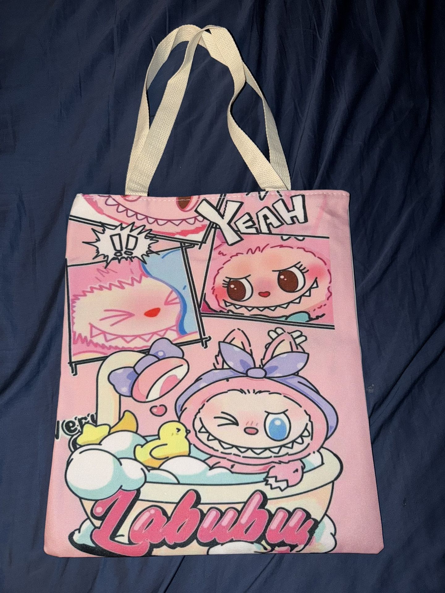 Zipper Tote Bag With Printed Labubu graphic with inside pocket with zipper