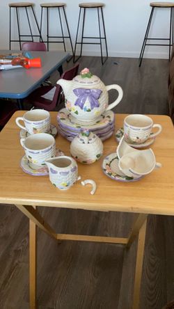 Ceramic Tea Set with Floral Basket Weave Design