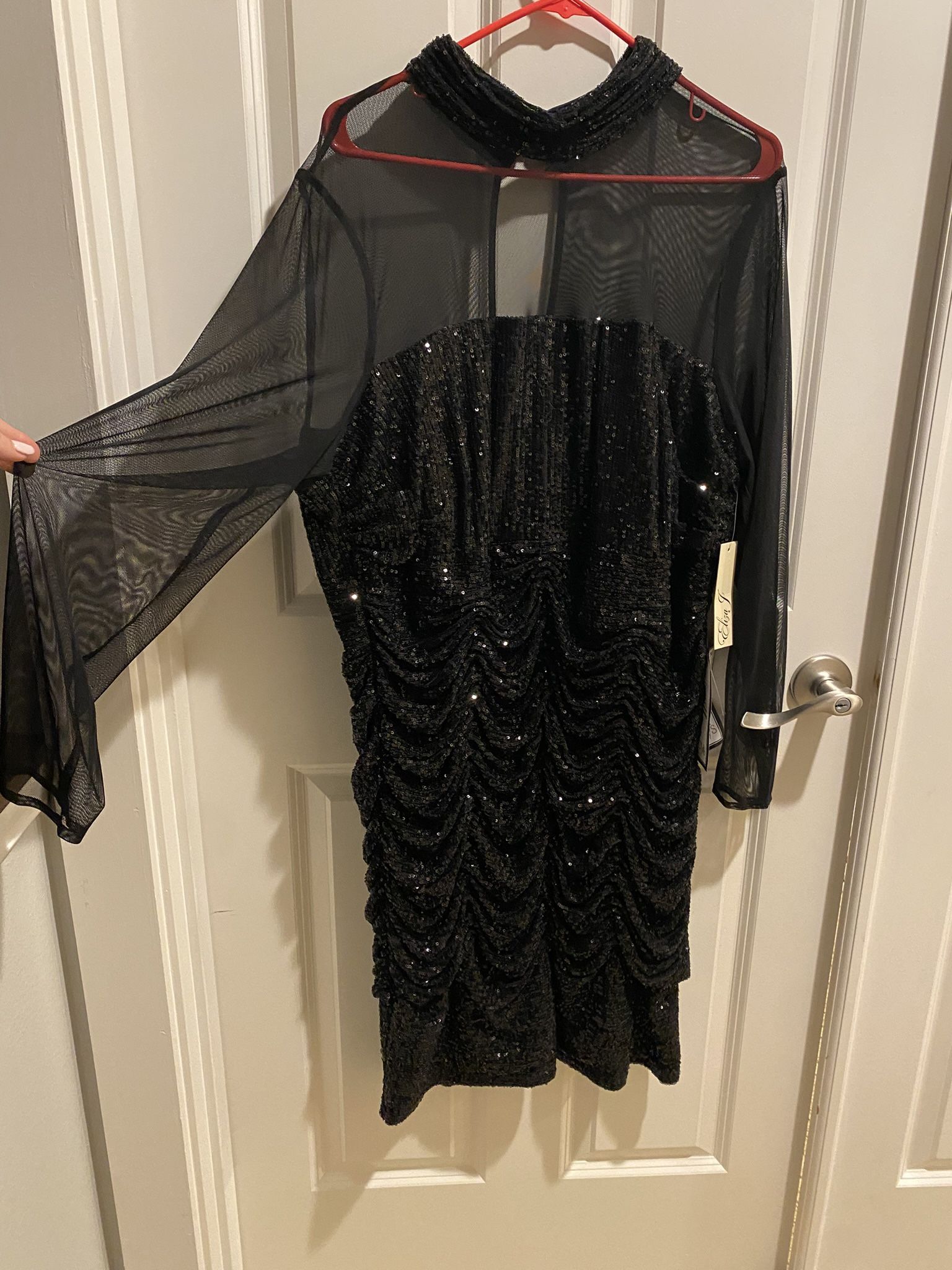 Macy’s’  Eliza J Black Sequin Rouched Dress. Never Worn. Tags Still On 