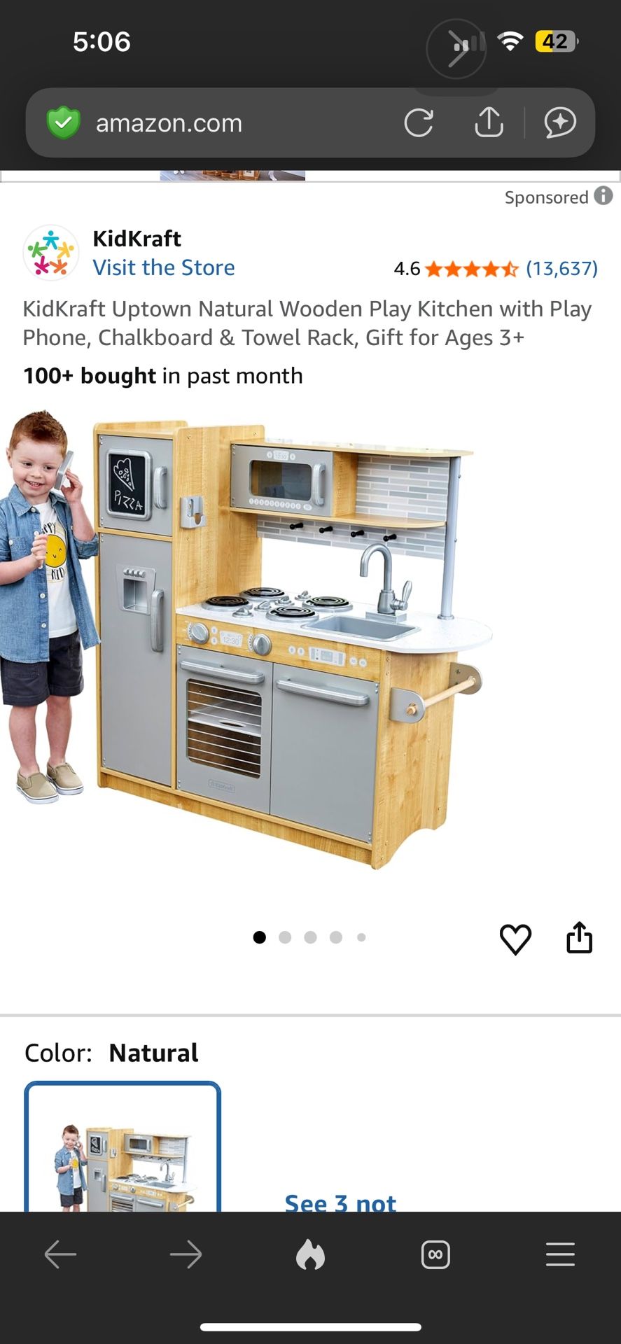 KidKraft Uptown Natural Wooden Play Kitchen with Play Phone, Chalkboard & Towel Rack, Gift for Ages 3+