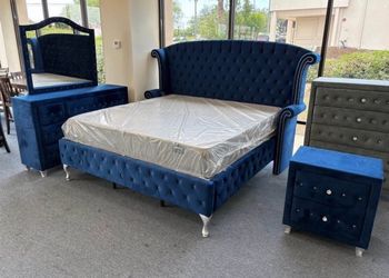 Blue Velvet Tuft Bed Set - Queen Or King - NO Credit Needed - Same Day Delivery 🚚