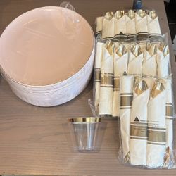 Pink Plastic Plates - Disposable Pink Party Plates & Pre Rolled Napkins with Cutlery for 25 Guests, 50Plates, 75Silverware, 25Cups, 25Na