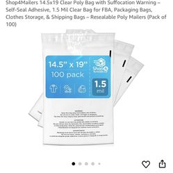 Shop4Mailers 14.5x19 Clear Poly Bag with Suffocation Warning – Self-Seal Adhesive, 1.5 Mil Clear Bag for FBA, Packaging Bags, Clothes Storage, & Shipp