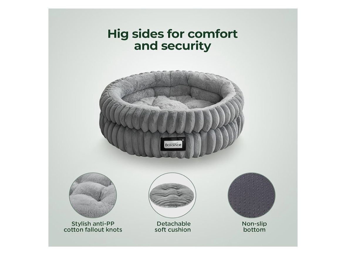 BALANCE Cat Bed Kitten Bed, Washable Round Cat Beds for Indoor Cats, Super Soft Plush Faux Fur Pet Bed for Puppy and Kitten with Anti-Slip Bottom
