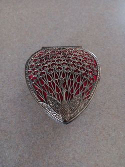 Silver Tone Filigree Red Trinket Box