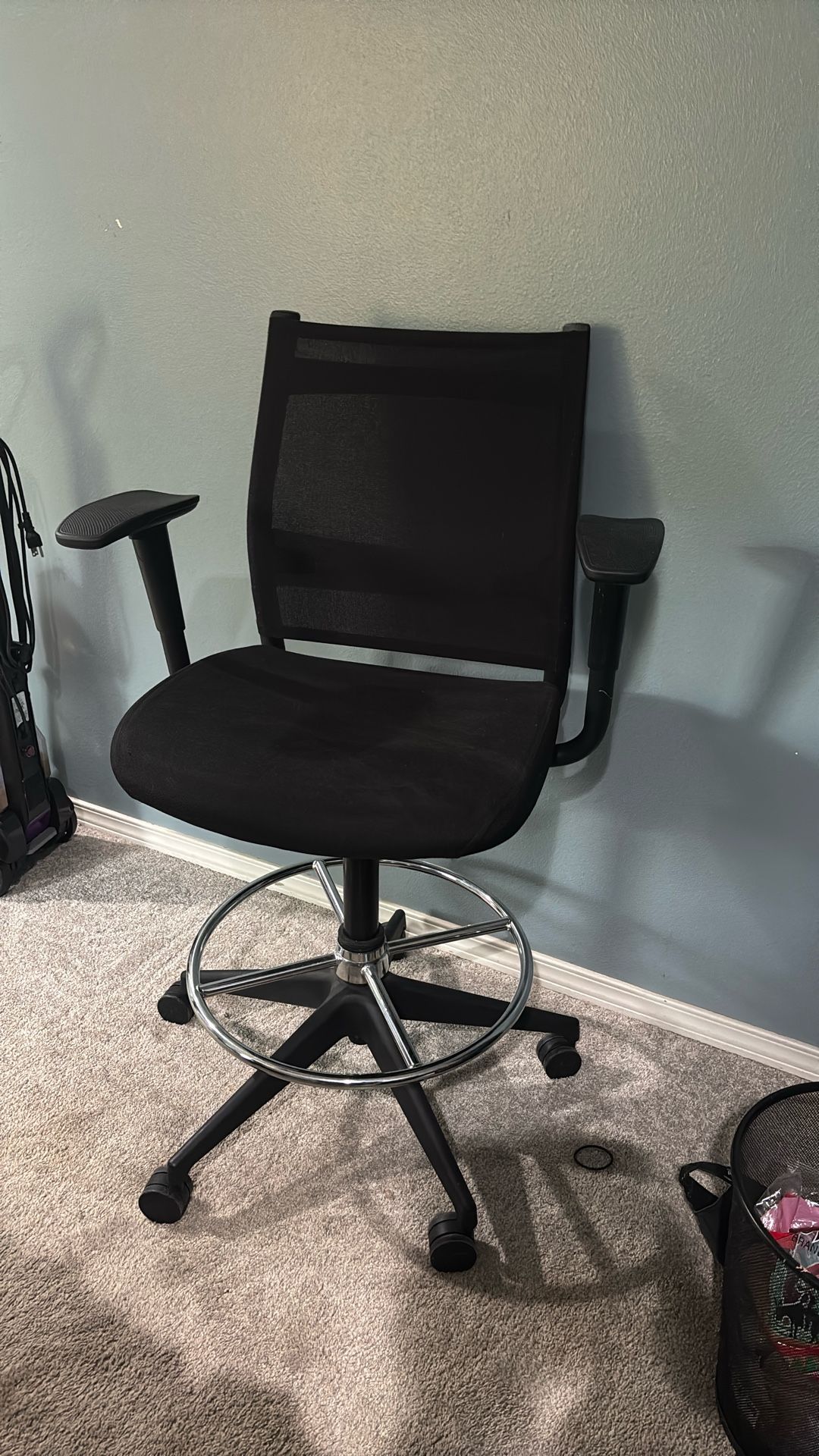 Fabric & Mesh Drafting Chair with Footrest and Lumbar Support, Black
