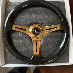 Hiwowsport 14" Black Wood Gold Steering Wheel – New in Bo