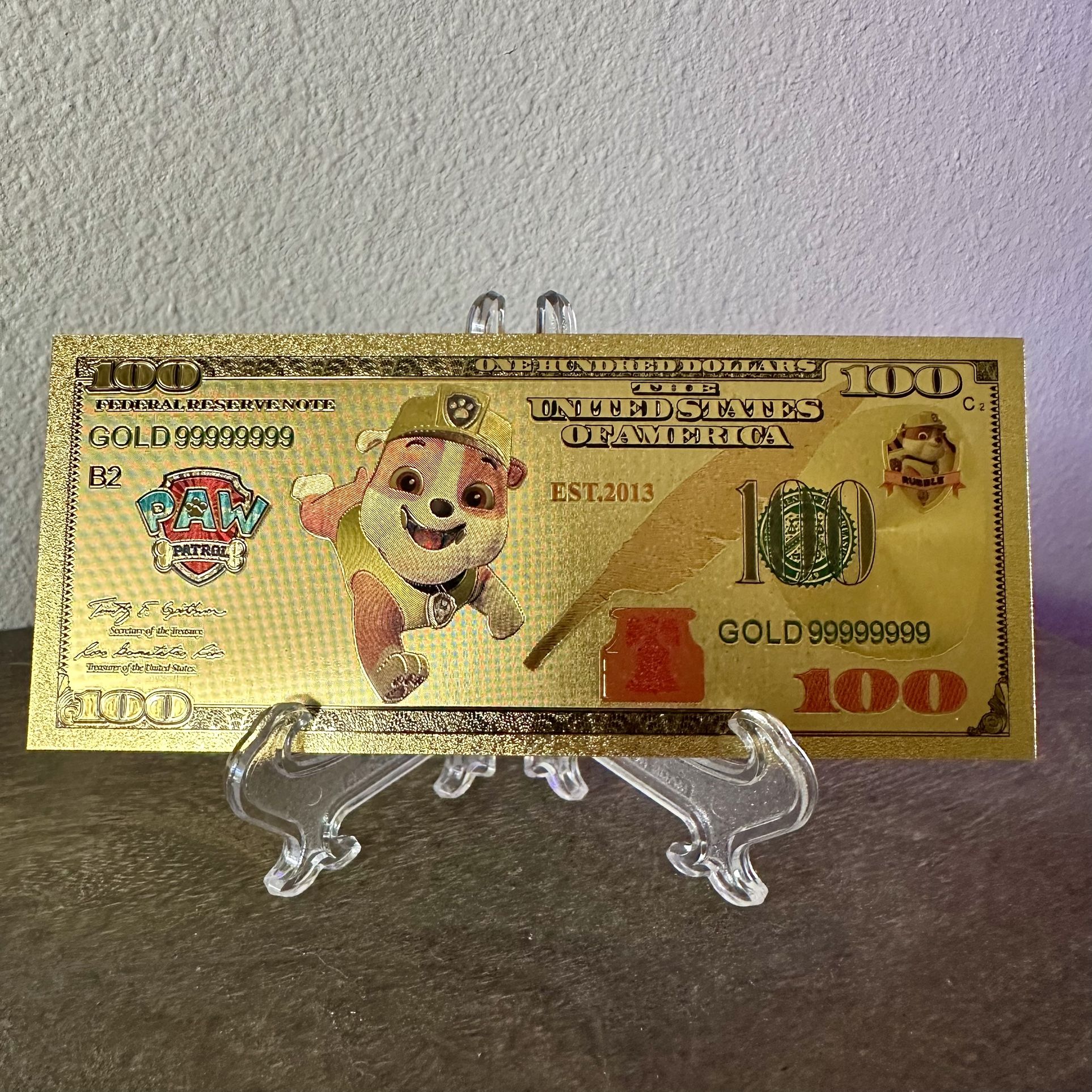 24k Gold Foil Plated Rubble Paw Patrol Banknote Cartoon Collectible