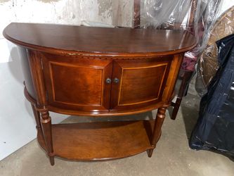 Cherry Wood Demilune Console Table with Cabinet