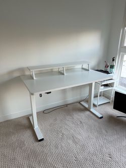 White Electric Standing Desk with Monitor Riser