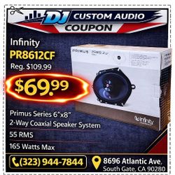 Infinity Primus Series Car Speakers 1-Set 6x8" 2-Way Coaxial Speaker System 165 Watts PR8612CF 🚨 Payment Options Available 🚨 No Credit Needed 🚨 