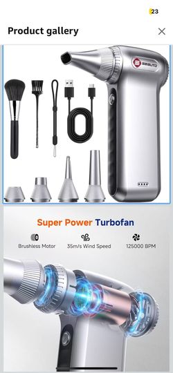 Compressed Air Duster-125,000 RPM Cordless Electric Air Duster, Rechargeable Super Power Air Blower with 3-Gear Turbo Fan, Air Blower for PC, Keyboard