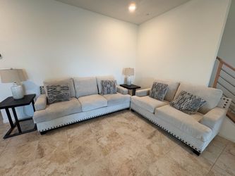 Sofa & Love seat, 2 end tables, 2 lamps $400
