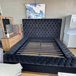 New bed frame only  king Square multi storage platform bed upholstered in fabric black color    Financing  available dimensions 103.0"W x 105.0"D x 60