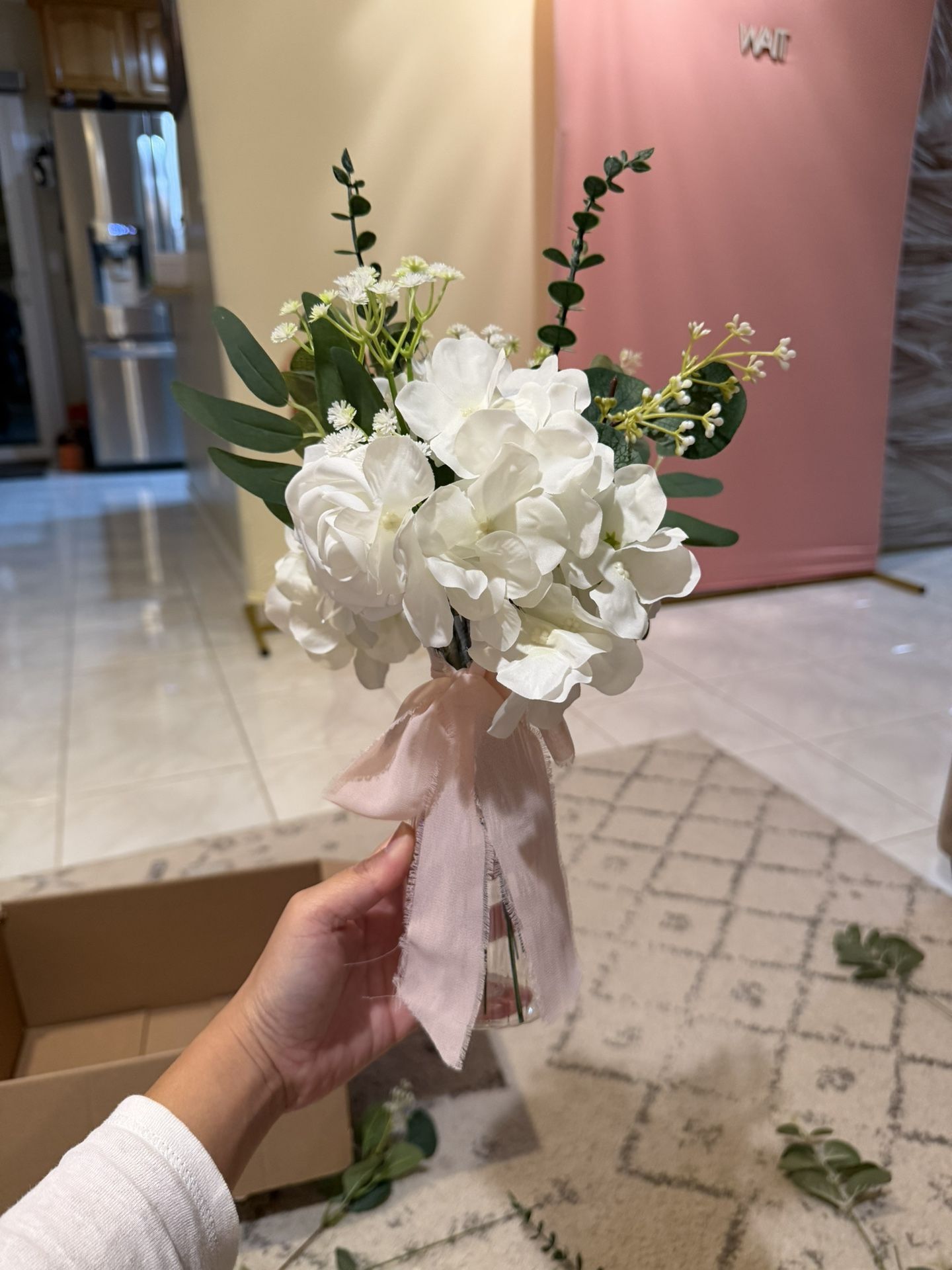 Faux Flower Arrangements with plastic vase