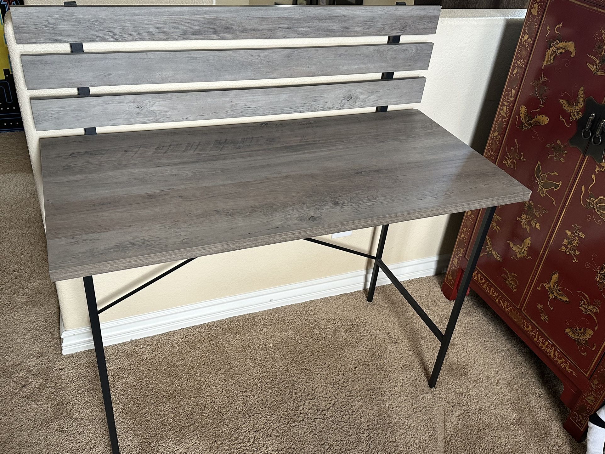 Like-New Rustic Gray Writing Desk w/ Slat-Back – 42” × 20”