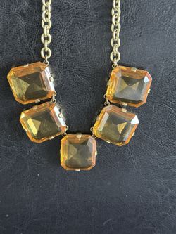 J. Crew Citrine Color Faceted Large 5 Square Glass Statement Necklace-Gold Tone Link Chain 2000's