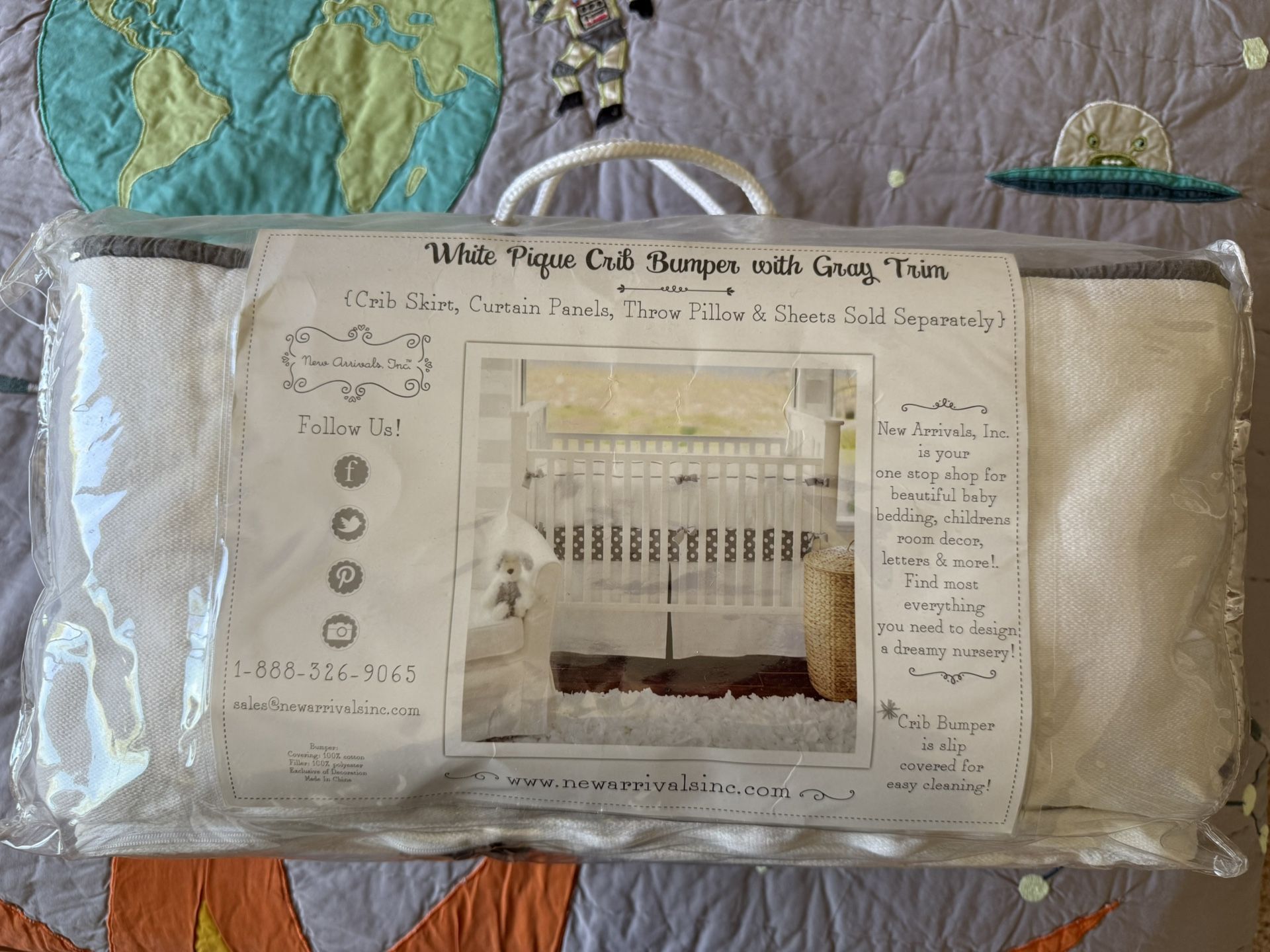 White Pique Crib Bumper with Gray Trim