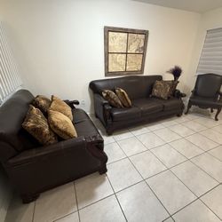 Traditional Leather Sofa & Loveseat Set with Accent Chair  